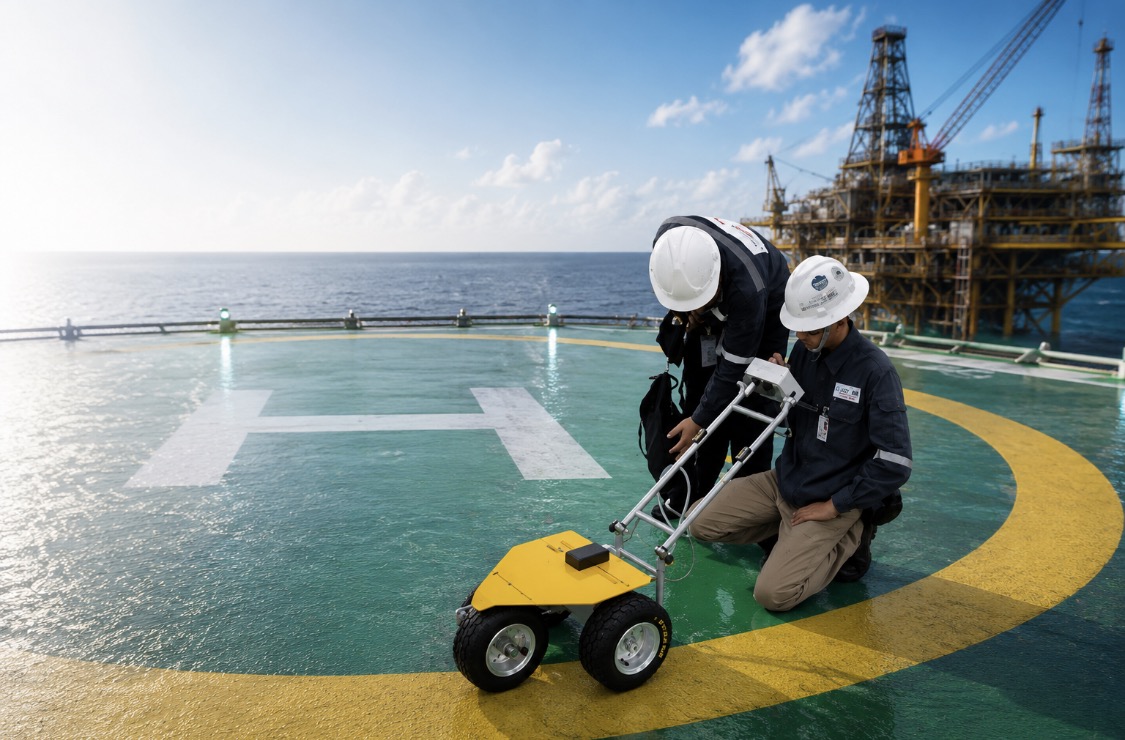 Audit Air inspectors carrying out wet friction testing on an offshore helideck with a continuous-reading braked-wheel device