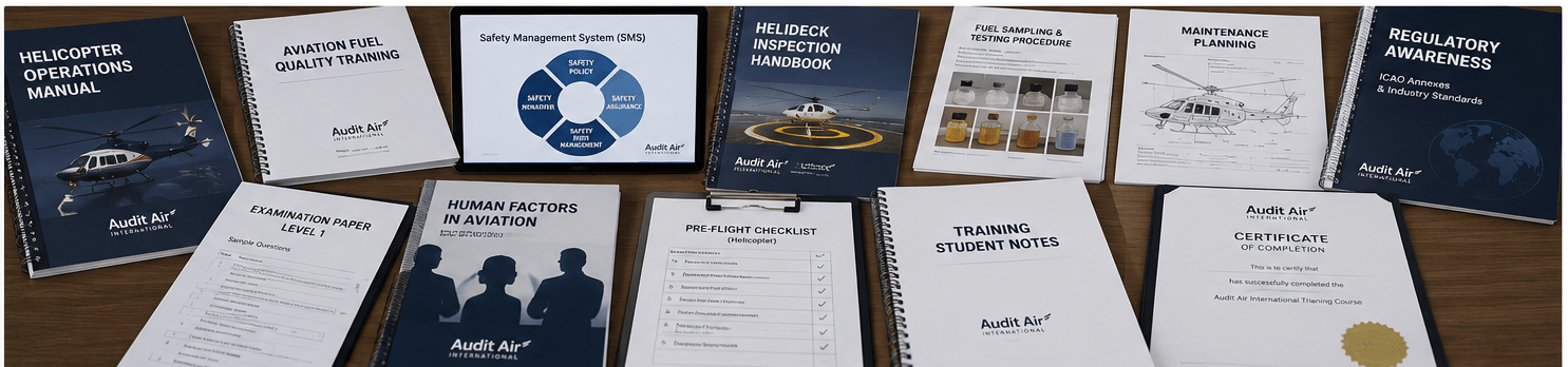 Audit Air Group aviation training materials collage showing manuals, checklists, student notes, examinations and certificates